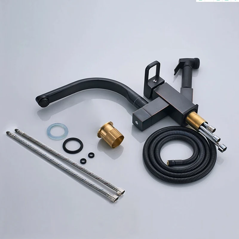 

Matte Black Pull Out Kitchen Faucet With Swivel Spout LED High Pressure Sprayer 360 Rotating Spout Hot Cold Water Mixer Taps