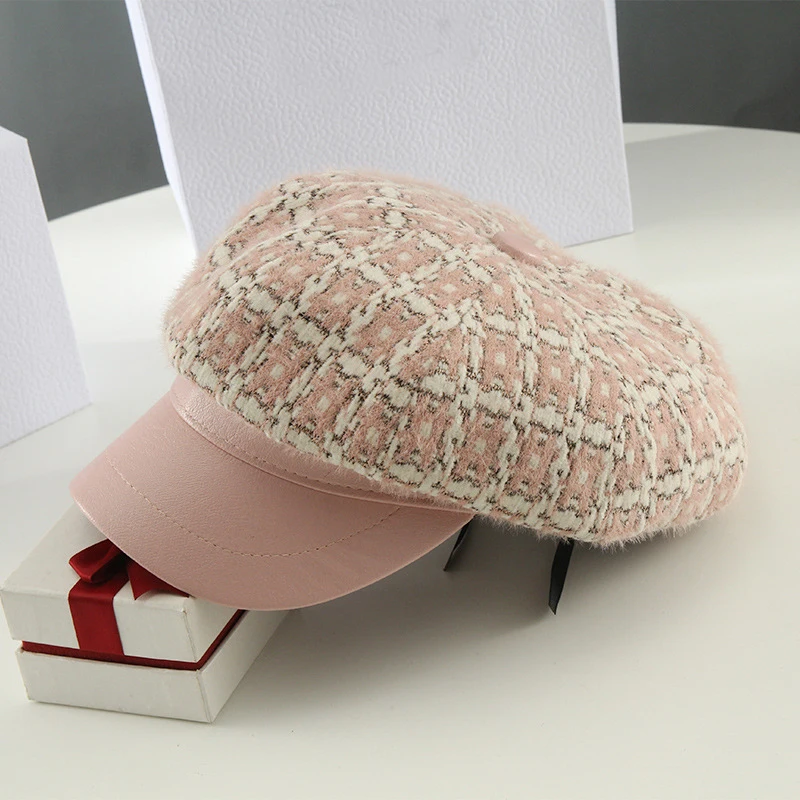 

Berets Autumn Winter Hats For Women Leather Brim Stitching Octagonal Cap Female Retro Plaid Aritst Painter Newsboy Hat 2021 New