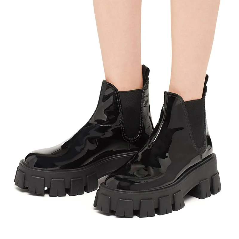 

Patent Leather Platform Boots Women Round Toe Chelsea Boots Women Solid Black Designer Ankle Women's Boots SWE0747