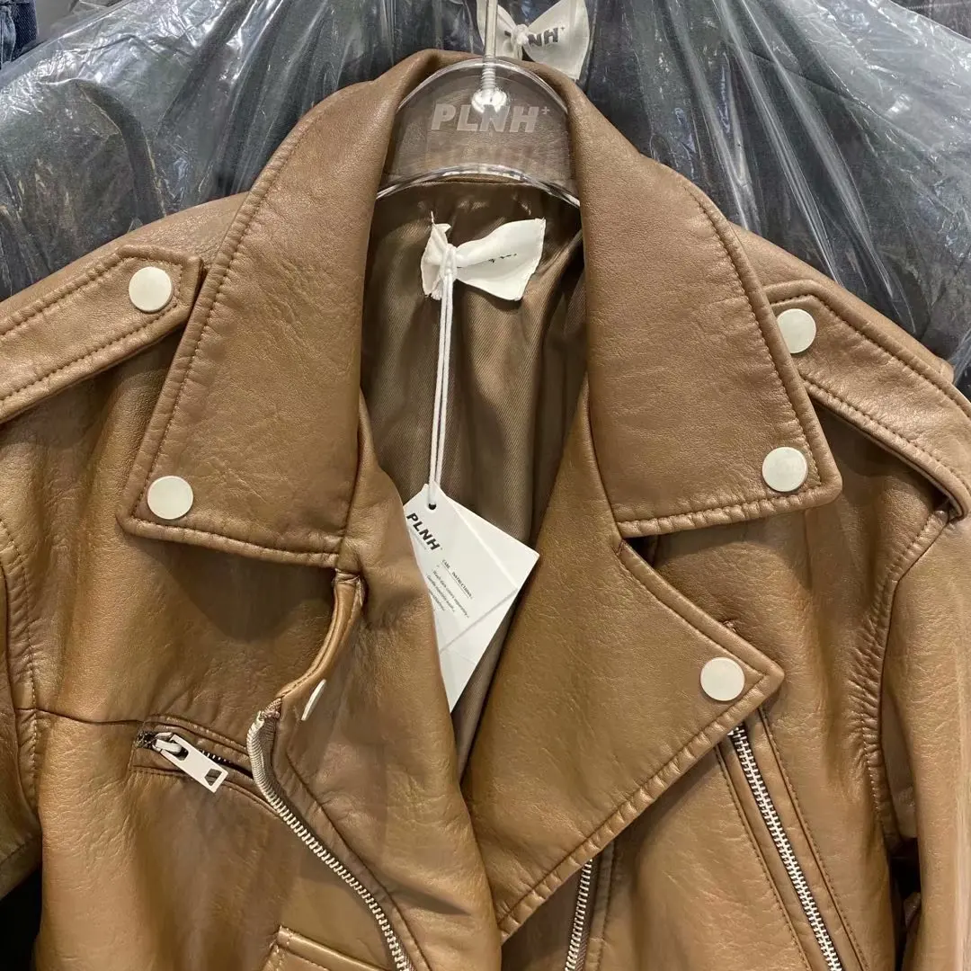 Женское кожаное пальто весна-осень длинный рукав с ремнем искусственная кожа