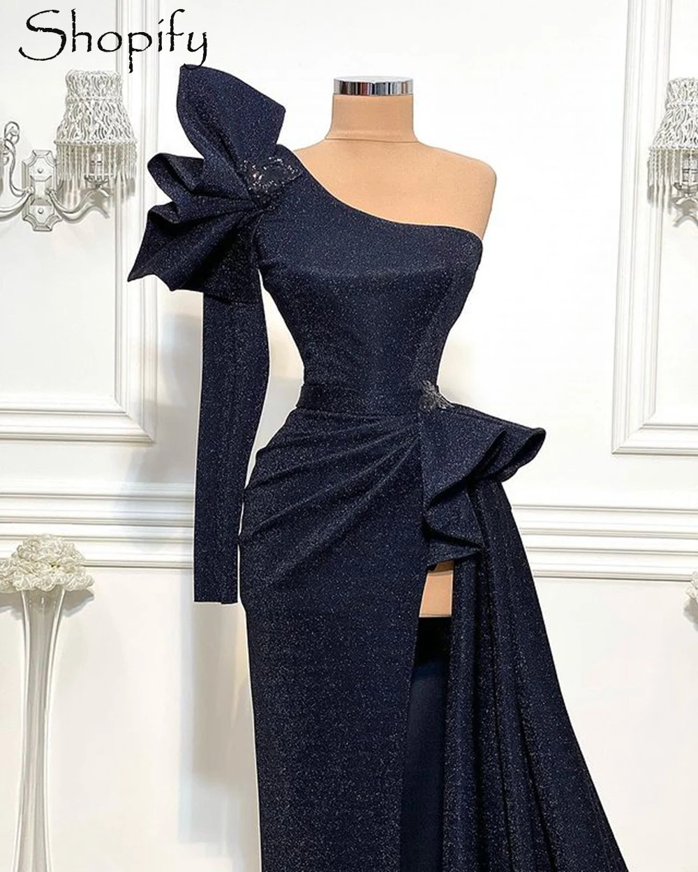 

Single Long Sleeve One Shoulder Sexy High Slit Dubai Design African Women Black Long Evening Dresses 2021 For Party