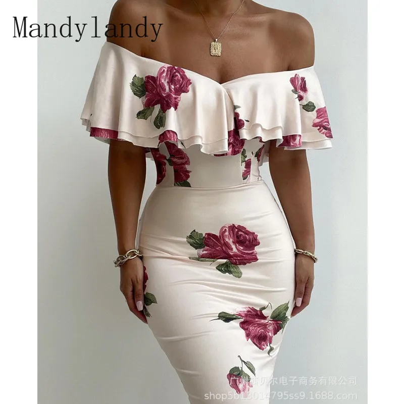 

Mandylandy Summer Women Dress Fashion Elegant Off The Shoulder Slash Neck Sheath Knee-Length Evening Party Dress