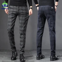 2021 autumn winter england plaid thick work stretch pants men business fashion slim fit grey casual pant male brand trousers 38
