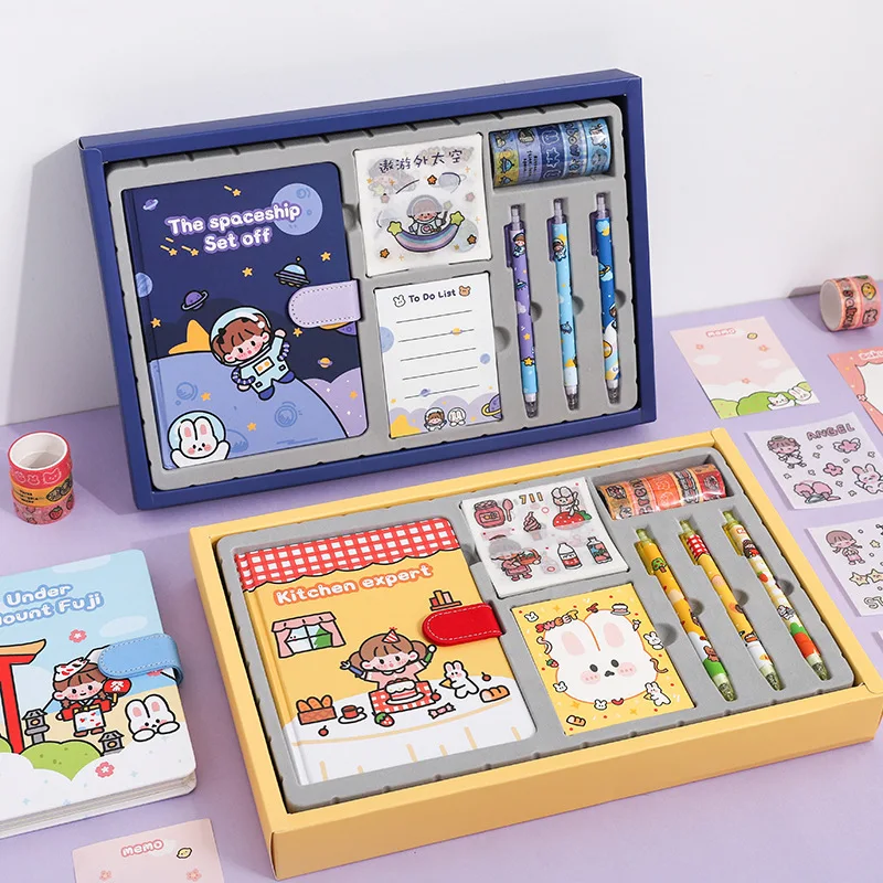 

Journal Notebook Stationery Set Quality Packaging Kawaii Gift Box For Children Diary Cartoon Pretty Notebooks Masking Tape Pens