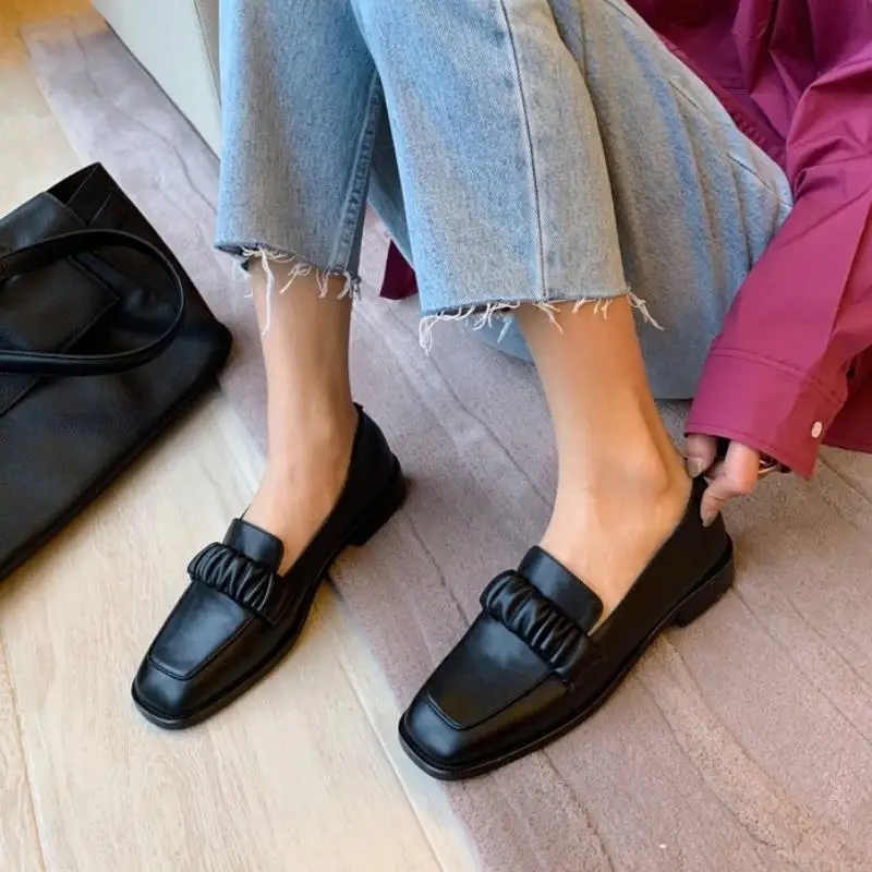 

RIZABINA Real Leather Women Flats Shoes Casual Daily Spring Shoes Woman Square Toe New Fashion Office Lady Footwear Size 34-39