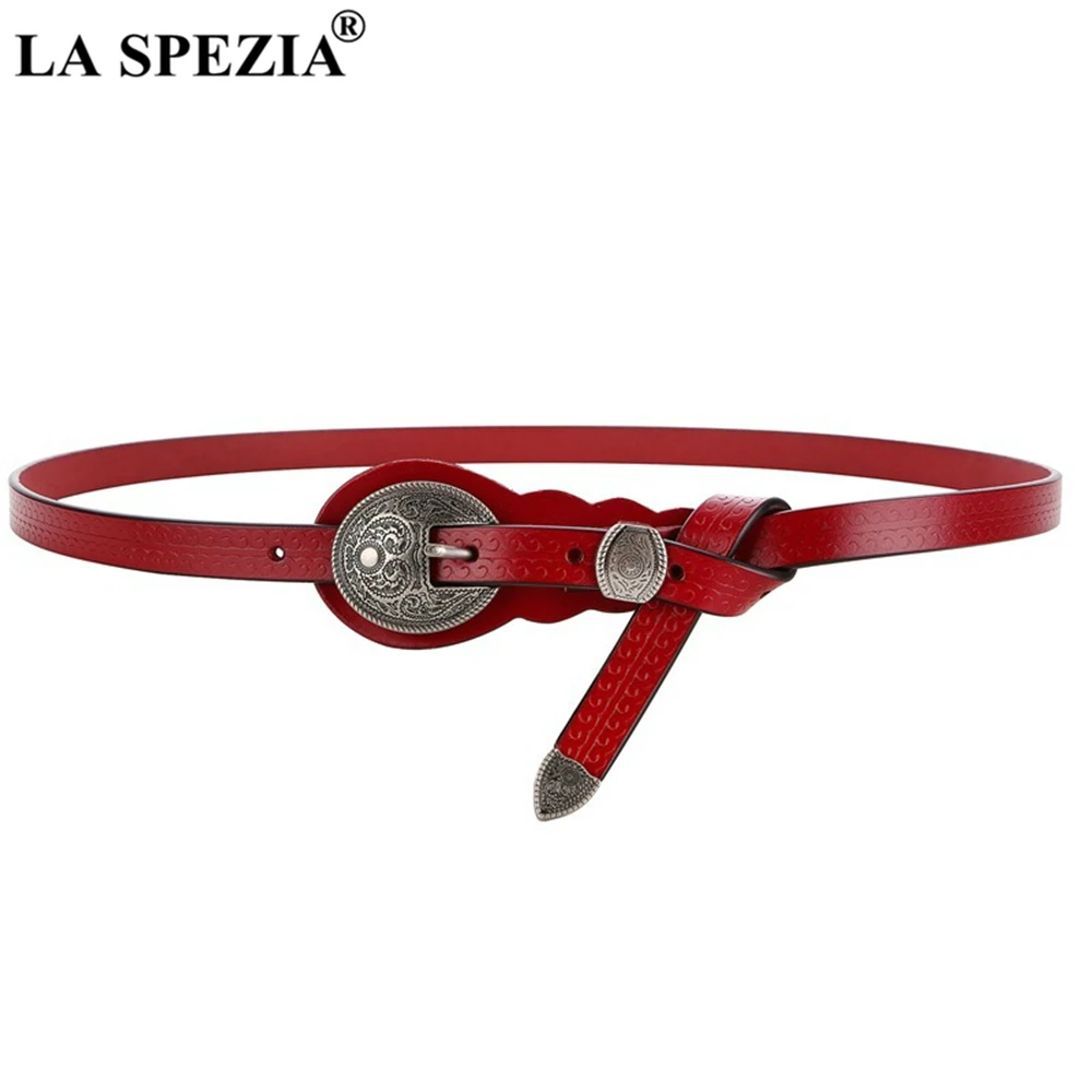 

LA SPEZIA Red Belts for Women Vintage Cowskin Waist Belt Real Leather Rivet High Quality Brand Women Belt 105cm 110cm 115cm