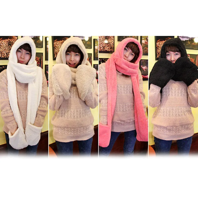 

Newest 3 in 1 Women Autumn Winter Warm Plush Hood Scarf Snood Thicken Hats Gloves