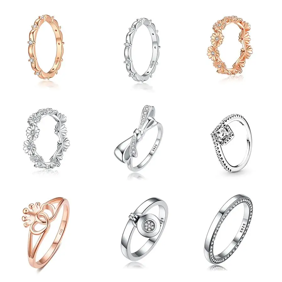 

925 Sterling Silver Finger Ring Rose Gold Surround Flower Diy Bowknot Crown Cz Ring For Women Wedding Party Jewelry
