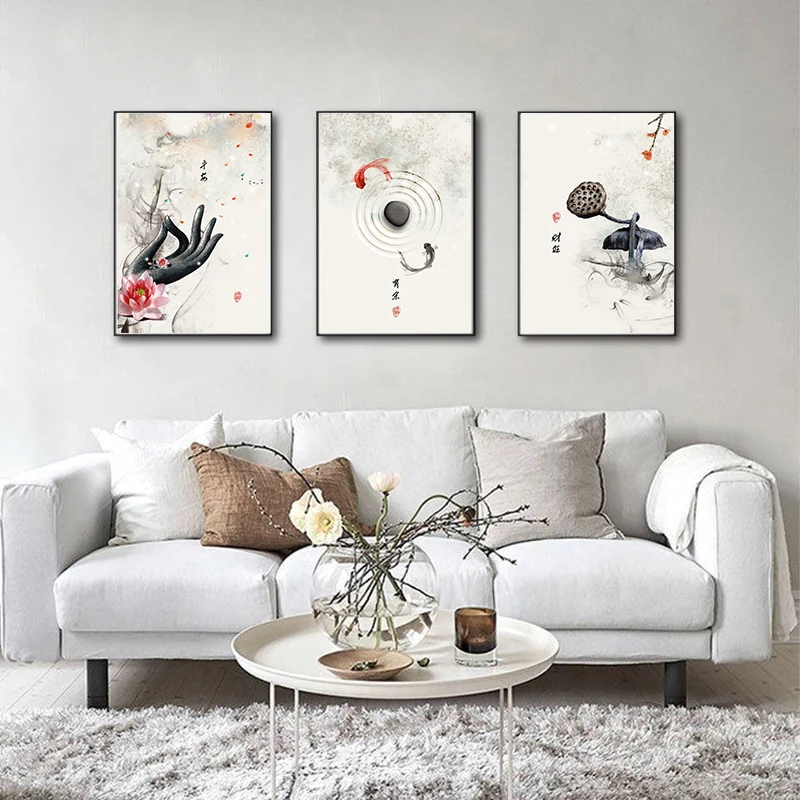 Новые китайские чернила Лотос цветы Будда рука и рыба настенная Художественная