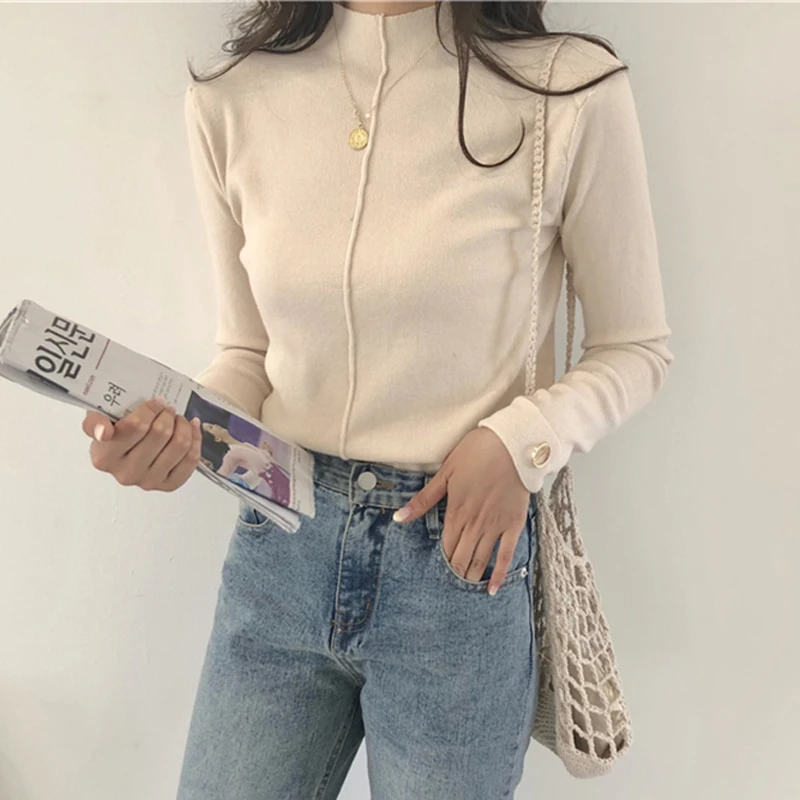 Chic Half-turtleneck Women Sweater Full Sleeve Female Knitted Pullovers Casual Solid Jumpers Autumn Winter Knit Tops 2019 | Женская