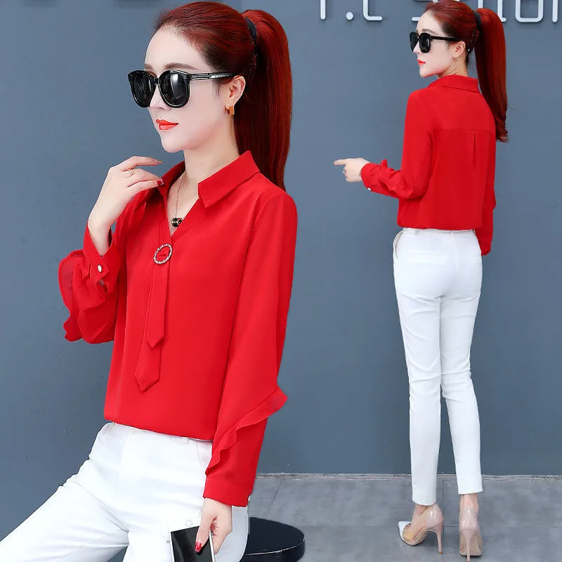 Женская шифоновая блуза Повседневная с длинным рукавом и отложным воротником