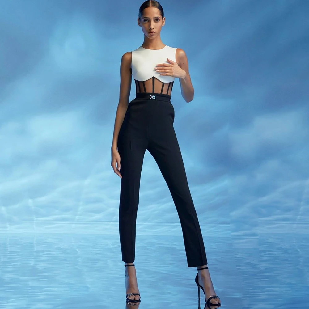 

2020 New White With Black Patchwork Bandage Jumspuit Sexy Hollow Out Sleeveless Bodycon Verano Clubwear Celebrity Party Jumpsuit