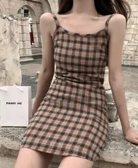 plaid dress Летнее платье, корейский стиль, сексуальное, в клетку, на тонких бретелях, тонкое, мини, вечерние, женское, повседневное, Пляжное, сарафан, Vestidos - Цвет: plaid dress