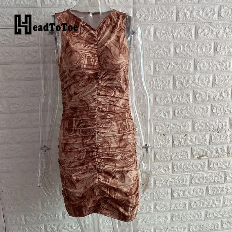 

Printed Sexy Sleeveless Ruched Bodycon Summer Dress Women