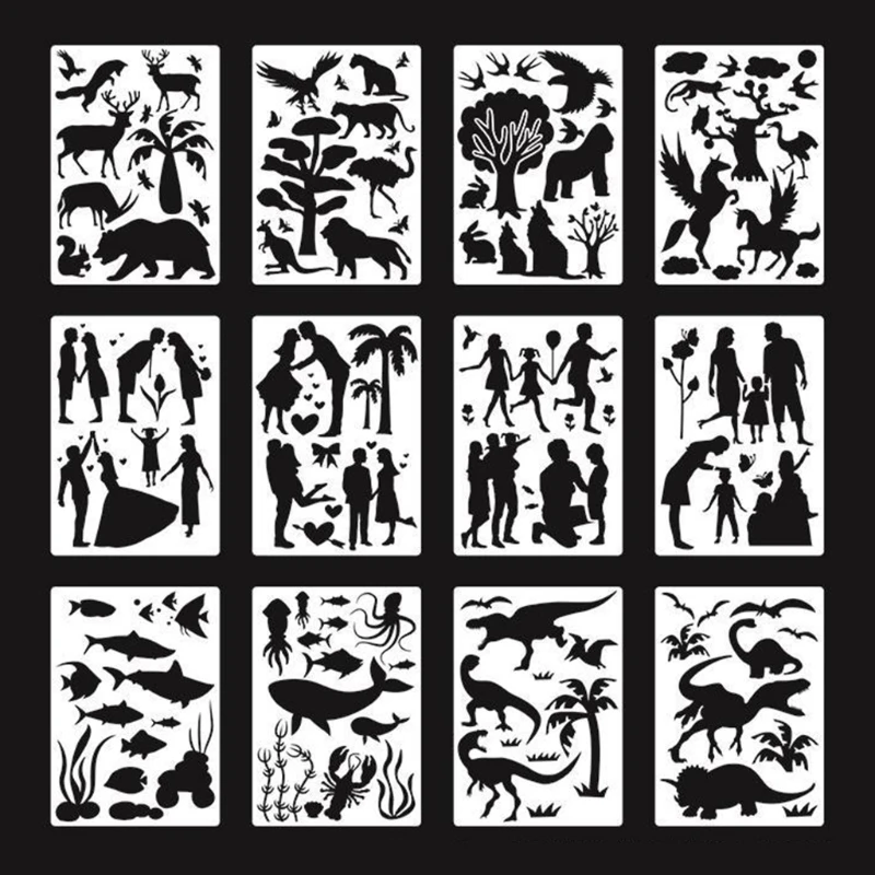 

12 Pcs Fast Draw Stencil Scrapbooking Holiday Template Animal Stencils Animals Love Sharks Dinosaurs Trees Shape Art