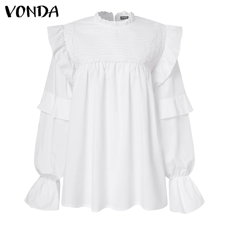 

Women White Shirts Vintage Long Sleeve Solid Color Blouse Bohemian Beach Tops 2021 VONDA Casual Blusas Femininas Plus Size