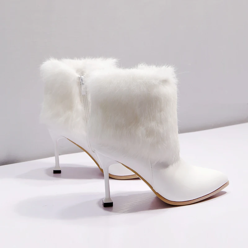 2019 роскошные женские белые сапоги теплые зимние на высоком каблуке 10 см