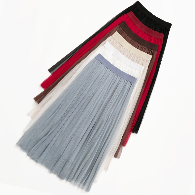 Женская длинная фатиновая юбка черная плиссированная юбка-пачка из эластичной