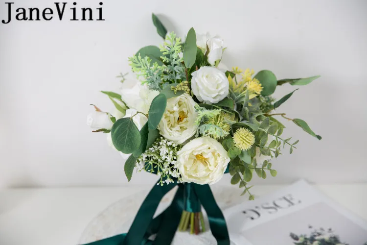 

JaneVini Green Ribbon Wedding Bouquet White Roses Artificial Greenery Bridal Fake Dried Flowers Bouquet Wedding Photography Prop