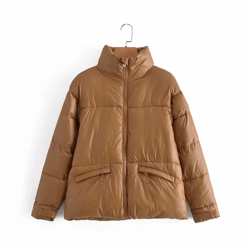 

MESTTRAF Women 2021 Fashion Shiny Warm Zipper Bread Service Retro Long Sleeve Stand Collar Hem Drawstring Outerwear Streetwear
