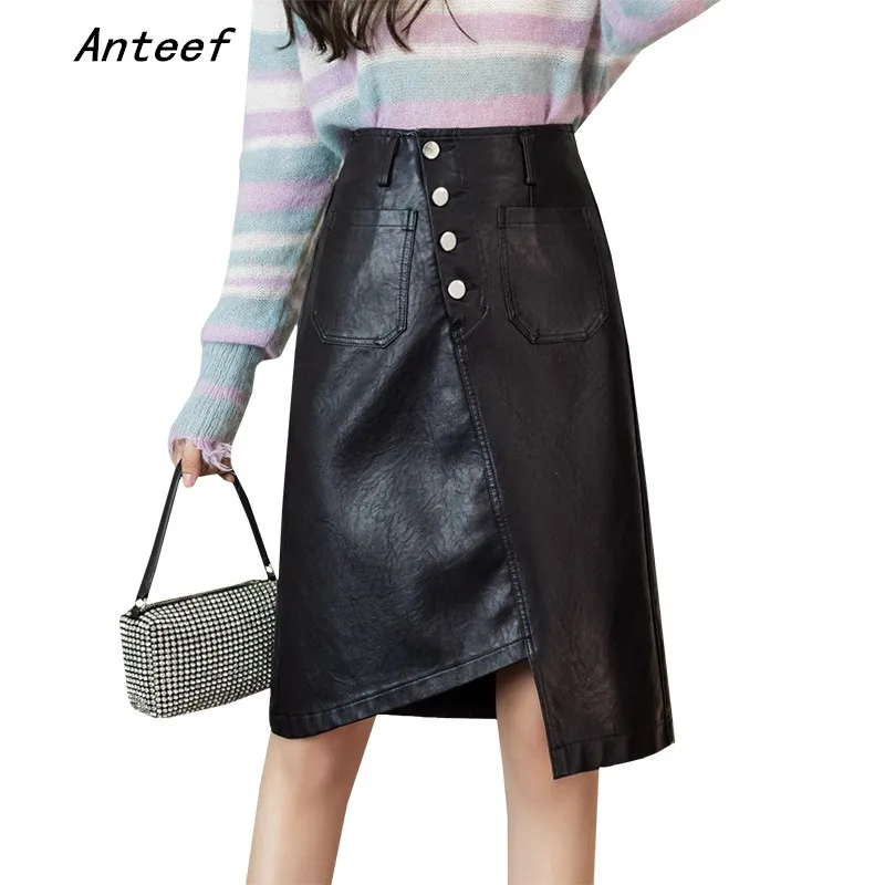 

Anteef korean fashion vintage high waist spring autumn winter casual midi for woman black pu skirts womens 2021 skirt clothes