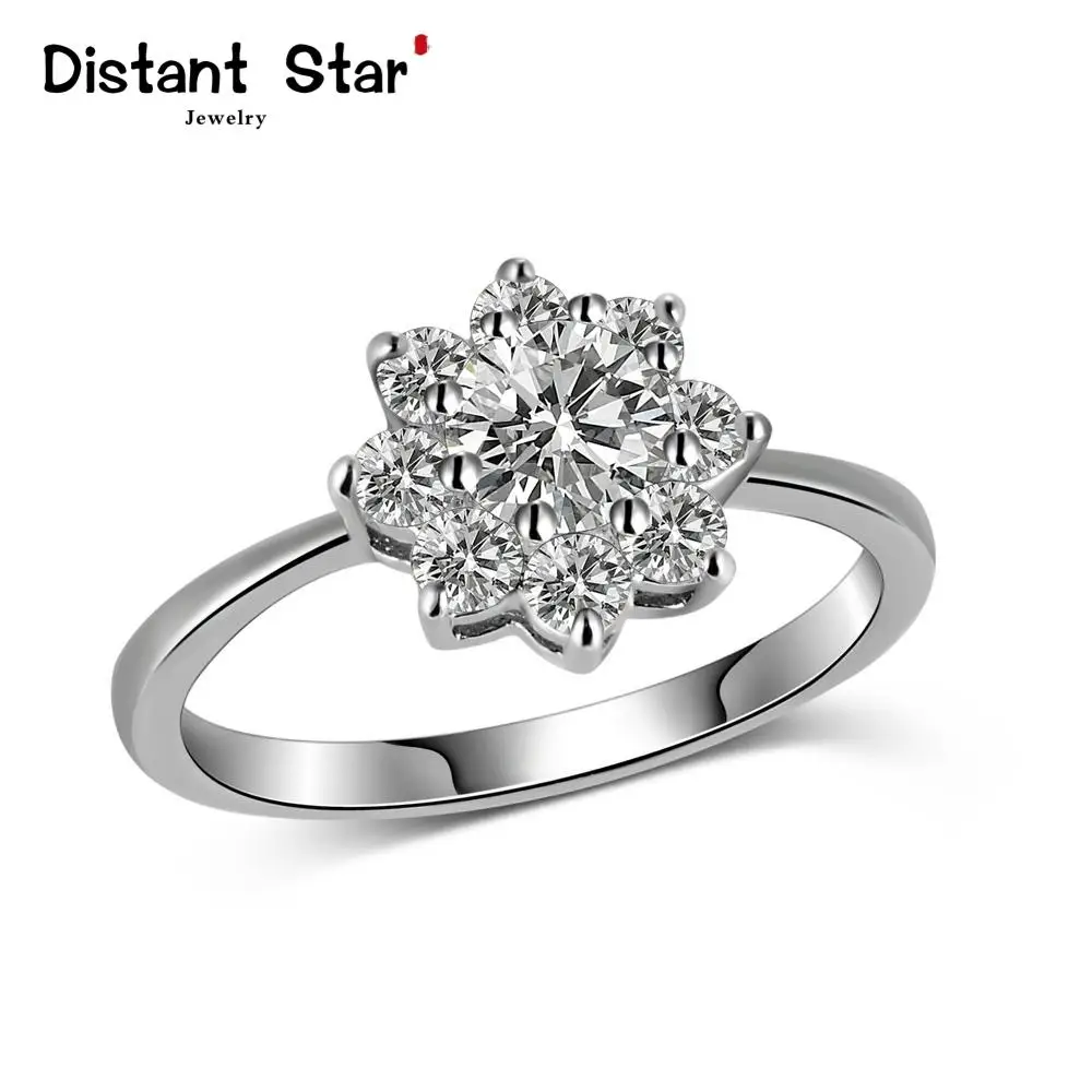 Модное обручальное кольцо с цветком и кристаллом Женское серебристым цирконием