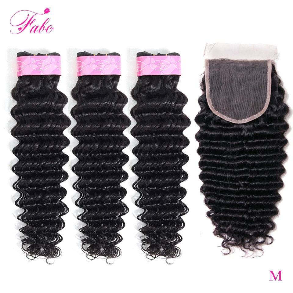 FABC Hair Brazilian Deep Wave Bundles With Closure Pre Plucked 3/4 Bundles Human Hair Weave Bundles Non-remy Natural Color