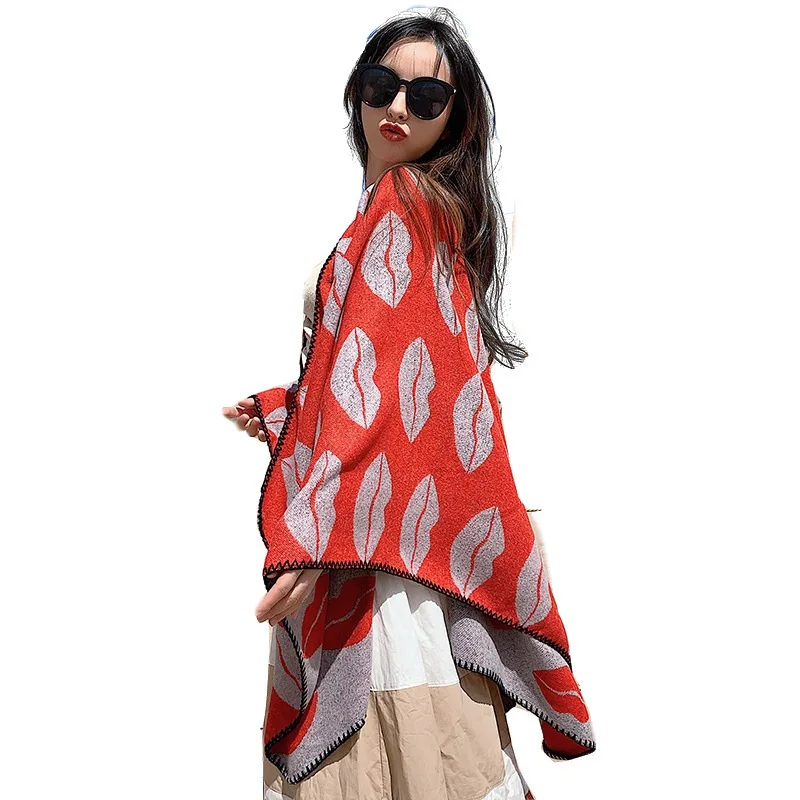 

Dual-purpose Shawl Female Lips Cashmere Scarf Female Enlarged Cloak Summer Office Travel Photo Split Cloak