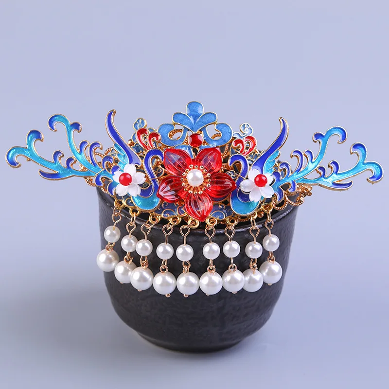 

Chinese dress headdress pearl tassel hair crown ancient style hair ornament Cloisonne hairpin Women's Phoenix crown accessories