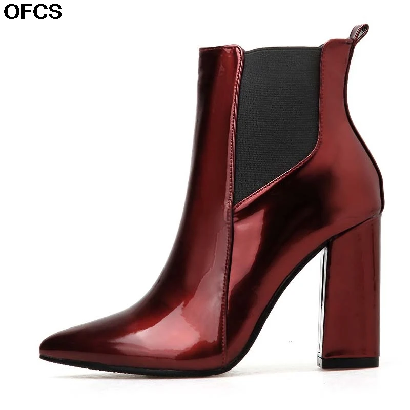 Ботильоны на высоком толстом каблуке Женские ботинки из лакированной кожи с