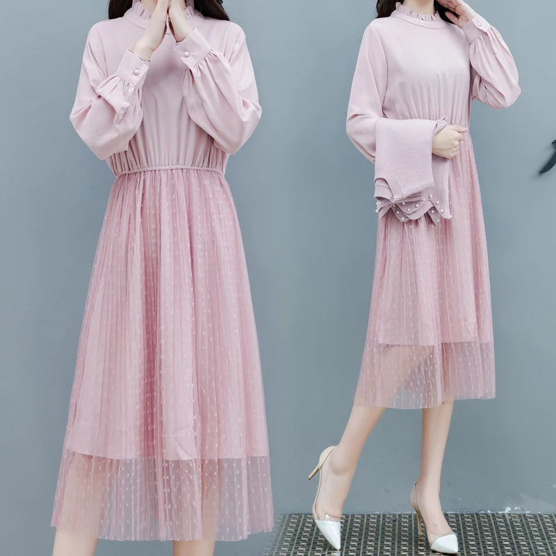 

Autumn Suit New Fashion Wear Knit Gauze Dress With Knitted Sweater Belt Long Sleeve Outfits Sweet Girl Vestido Leisure Dresses