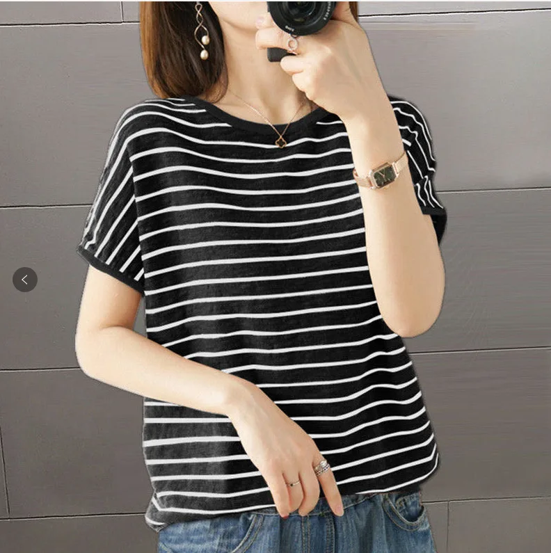 

Oversize Cotton Short Sleeve T Shirt Women Summer New Striped T Shirts O Neck Loose Bottoming Shirt Harajuku Tops Camisas Mujer