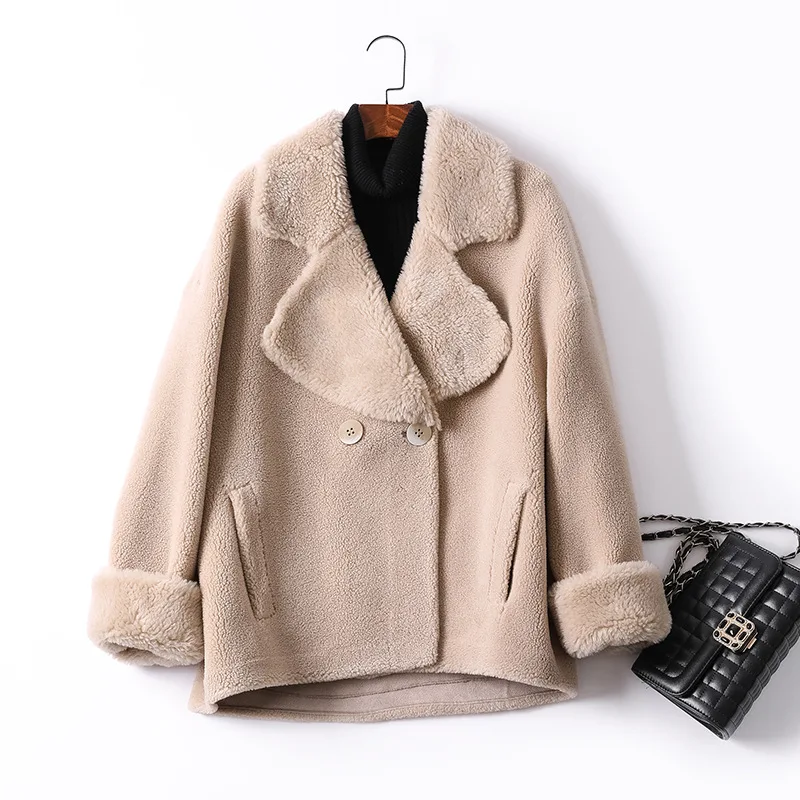 Beige-Camel Женские зимние пальто из овечьей кожи с натуральным мехом; куртка из овечьей шерсти; Новая Модная парка из овечьей шерсти; пальто; верхняя одежда женская - Цвет: Beige-Camel