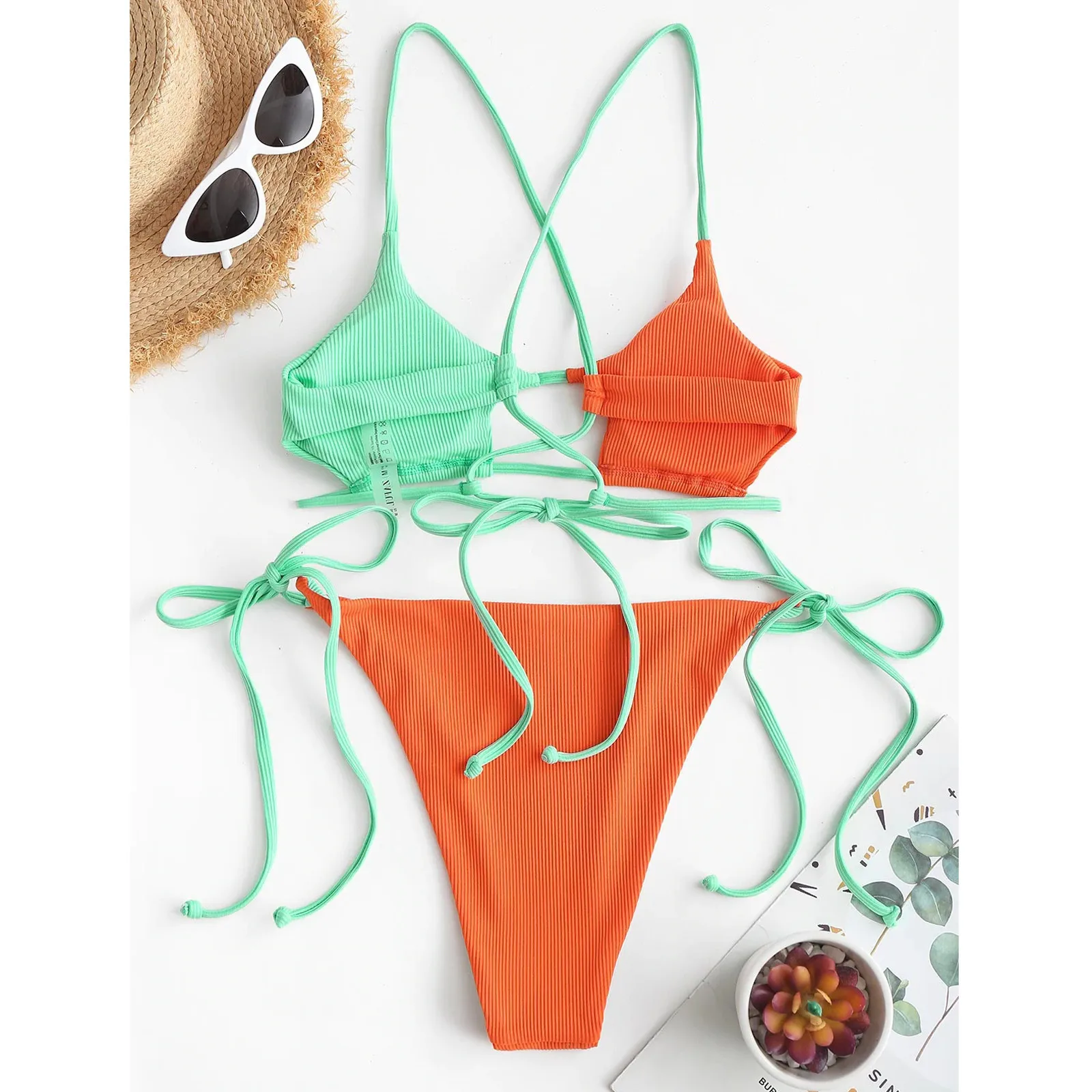 

Women Swimwear Summer Outdoor Casual Striped Push Up High Cut Hight Waist Halter Bikini Set Two Piece Swimsuit Bathing Suit