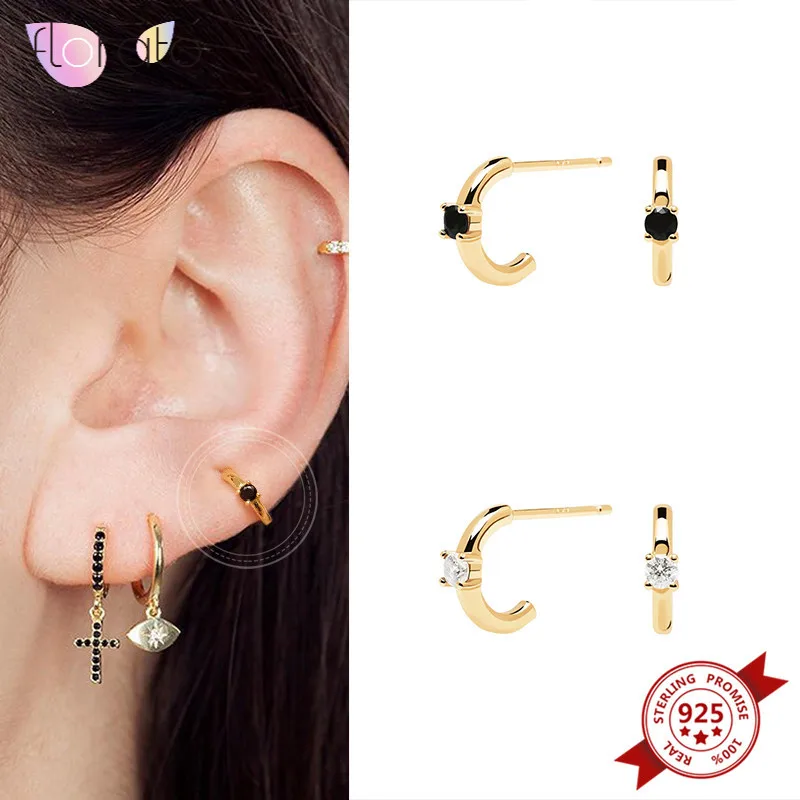 

C Shaped Stud Earring for Women Trendy Crystal Statement 925 Sterling Silver Ear Needle Prevent Allergy Earrings Tiny Jewelry