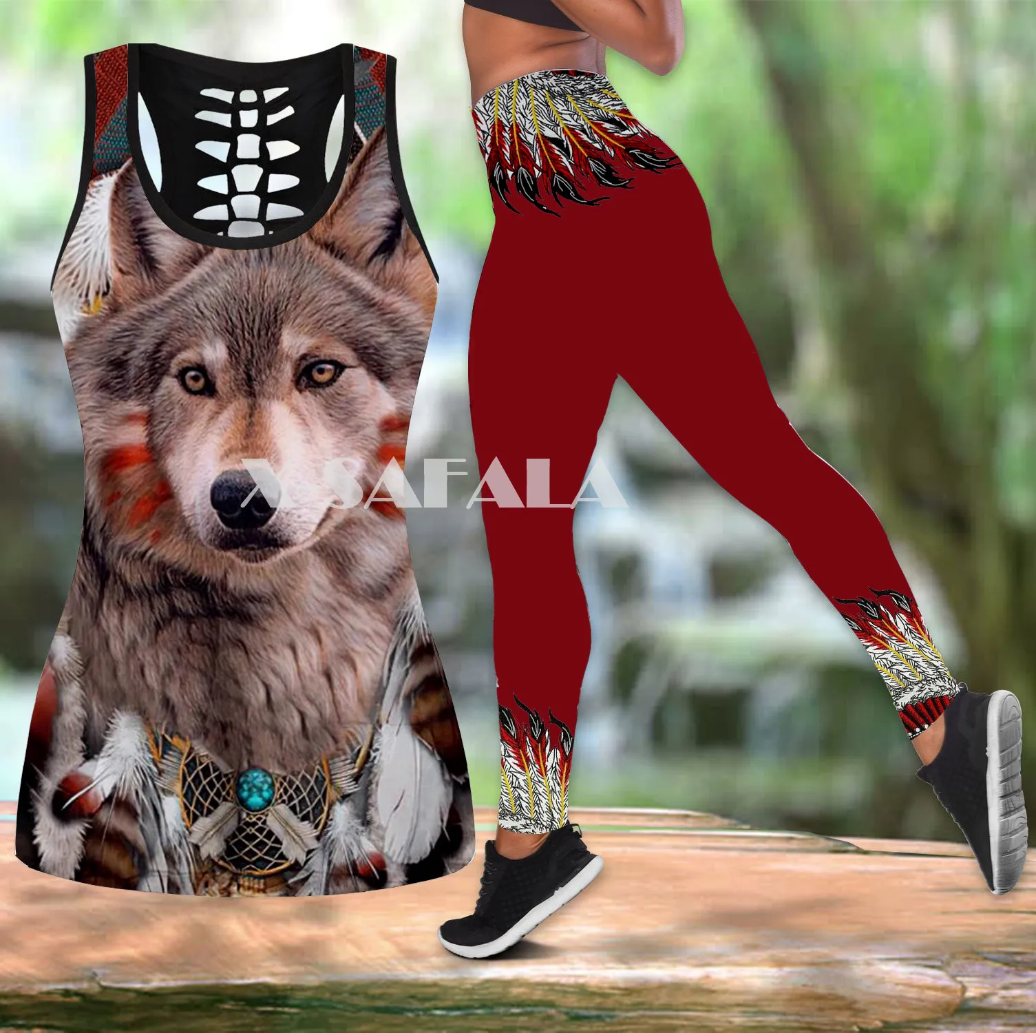 

Native Indian Wolf Animal Art Two Piece Yoga Set Women 3D Print Hollow Out Tank Top High Waist Legging Summer Casual Sport-2
