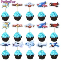 10pcs airplane cupcake topper helicopter space cake decoration for flying theme birthday party supplies baking embellishment
