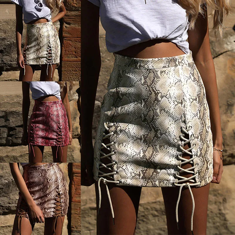 

Womens Sexys High Waist Lace Up Bodycon Split Tight Snakeskin Mini Skirt MAEA99