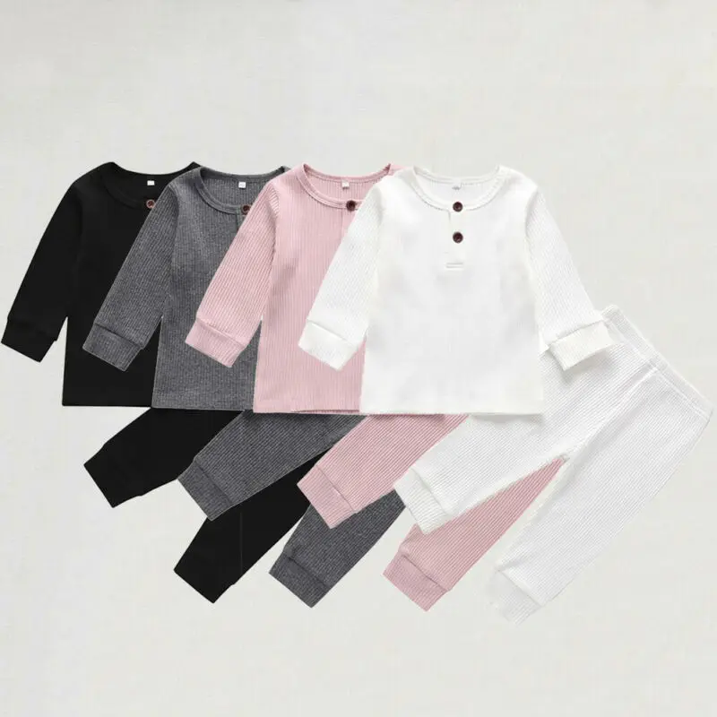 

Newborn Baby Boy Girl Solid Color Knitted Cotton Clothes Long Sleeve Tops Trousers Outfit Set