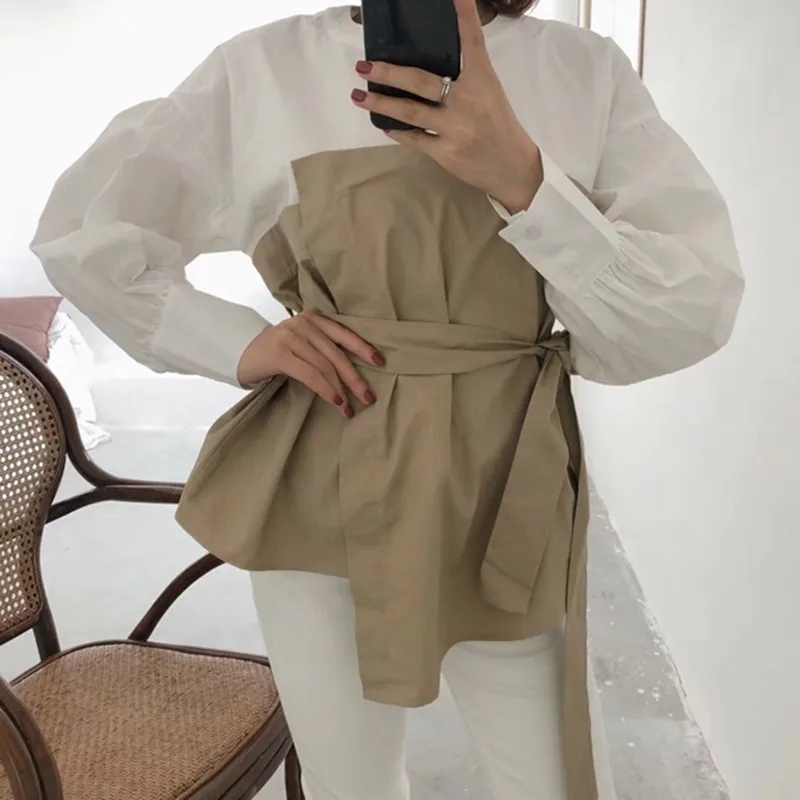 Женская блузка с поясом CHICEVER летняя повседневная Свободная контрастных цветов