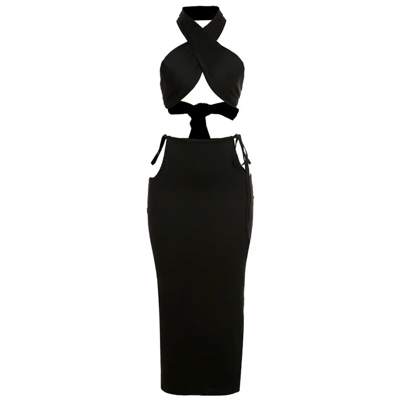 

2021 summer women's new half-length skirt hanging neck cross halter backless sexy hollow and thin temperament skirt set