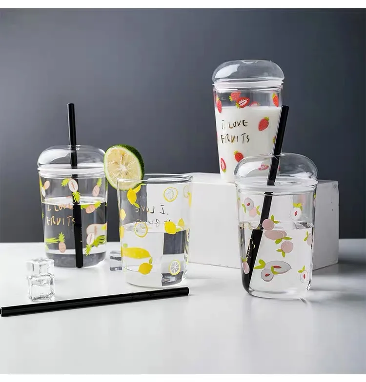 

Heat Resistant Glass Straw Mug With Lid Portable Milk Water Beverage Juice Cup 500ml Large Capacity Summer Necessary