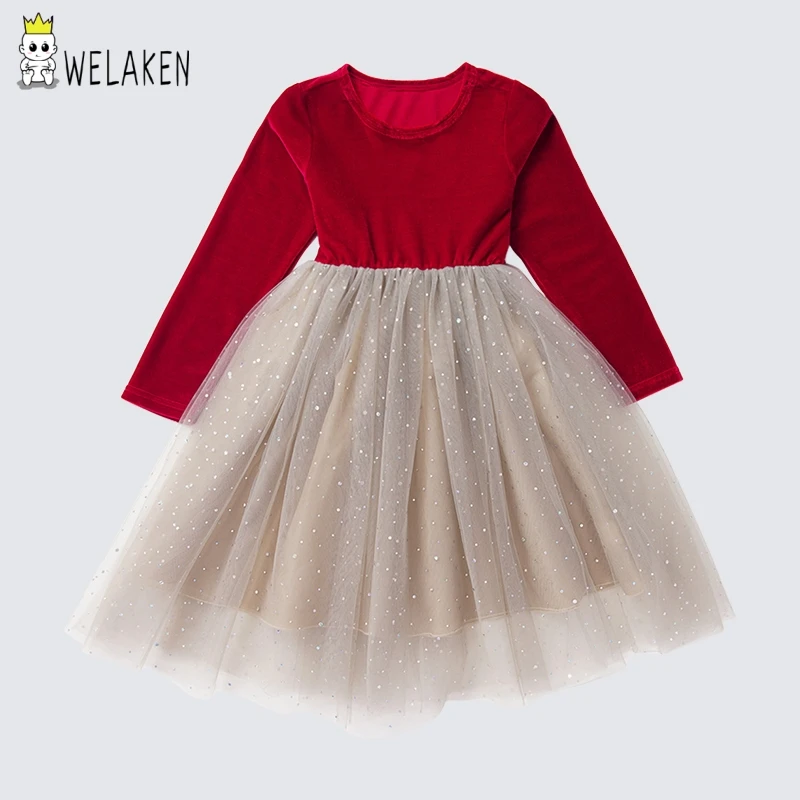 Новое Сетчатое лоскутное осеннее платье принцессы WeLaken с блестками красное для