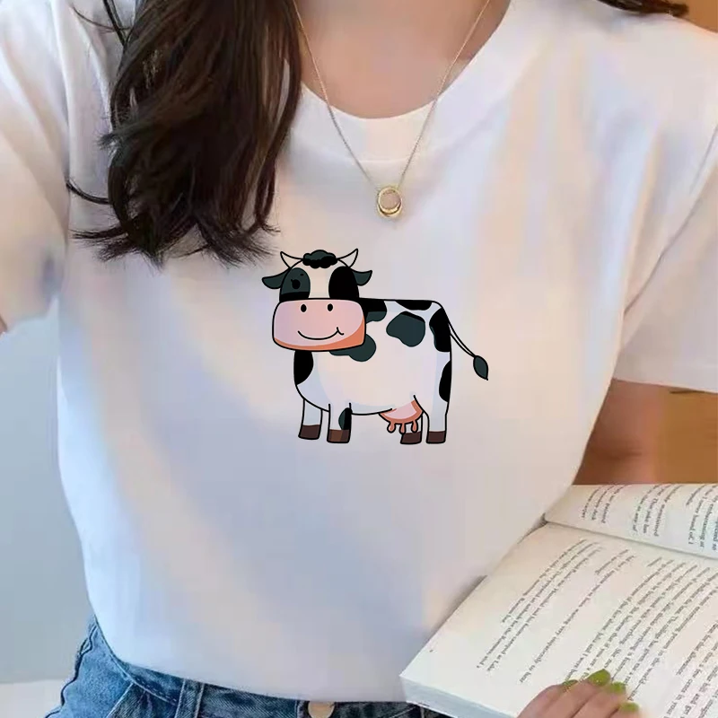 

2021 Milk Cow Kawaii Printed T-shirt Regular Women Short Sleeve Ullzang Vintage 90s T-shirt New Fashion Women White T shirts