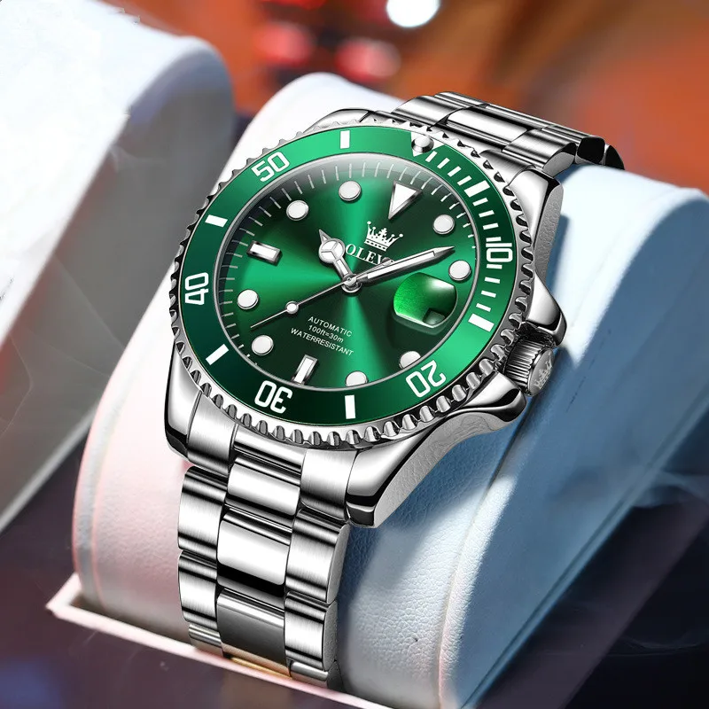 Luxury Automatic Mechanical Watch for Men Waterproof Stainless Steel Wristwatch Green Water Ghost Clock