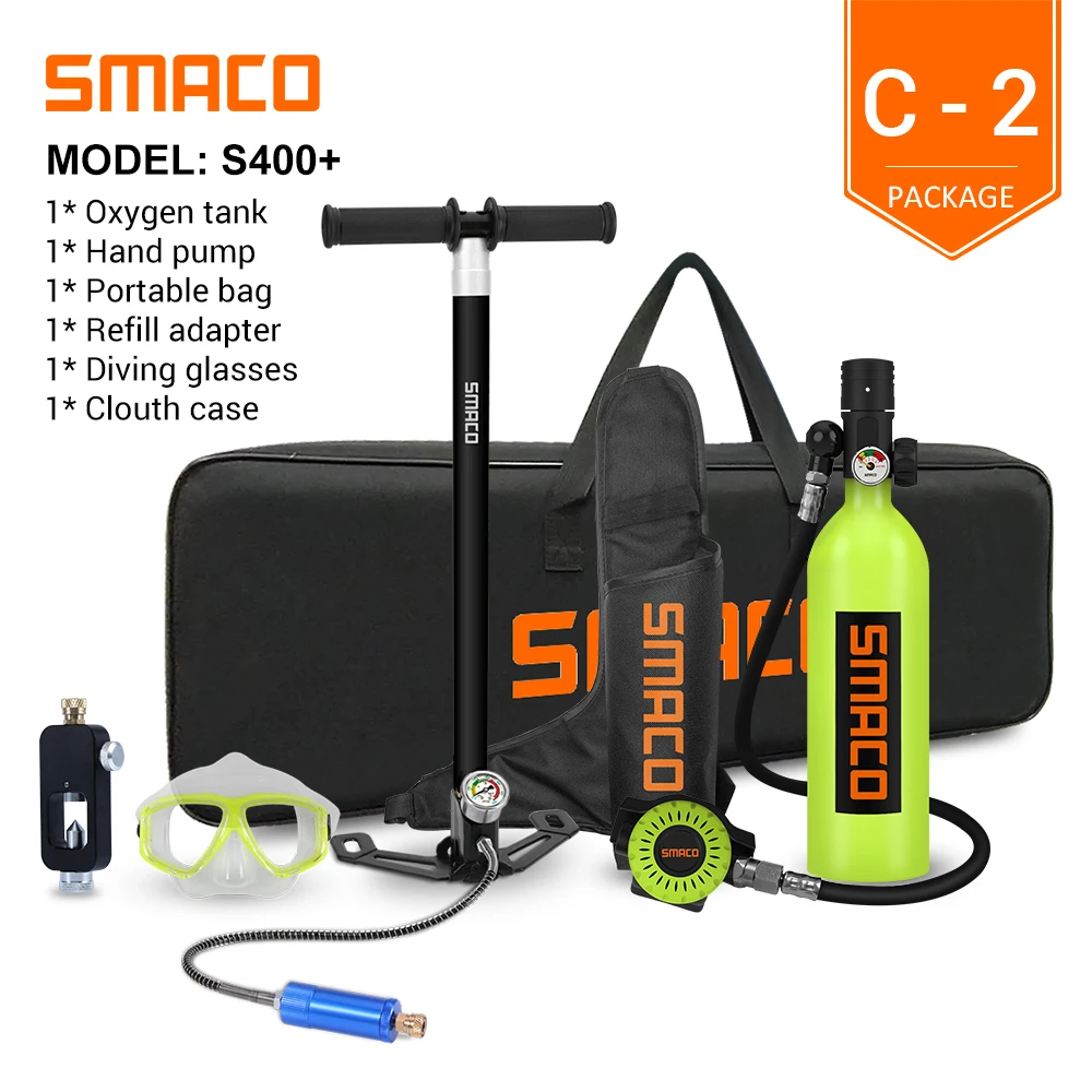 SMACO S400Plus Mini Scuba Diving Tank Equipment, Dive Cylinder with 16 Minutes Capability, 1 Litre Capacity Refillable Design