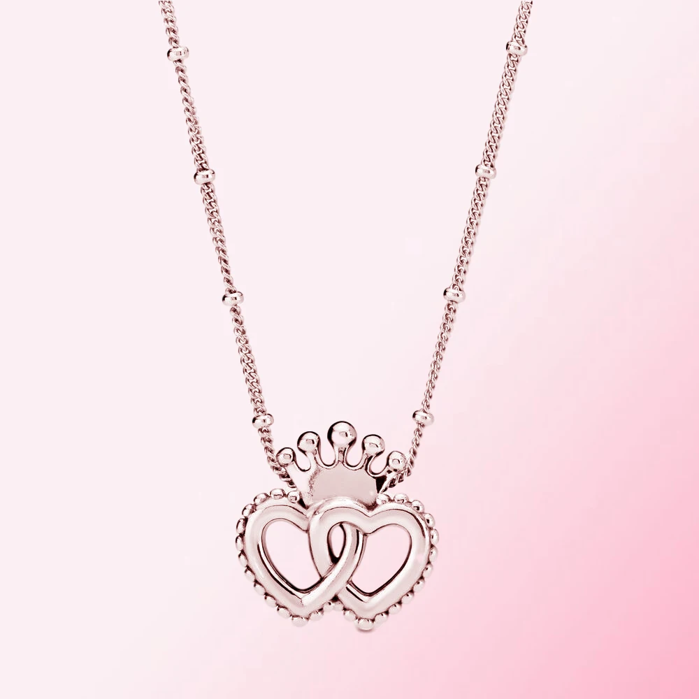 

2020 New 100% 925 sterling silver 1:1 Rose Crown & Interwined Hearts Pendant Necklace Premium Women Jewelry Free Shipping