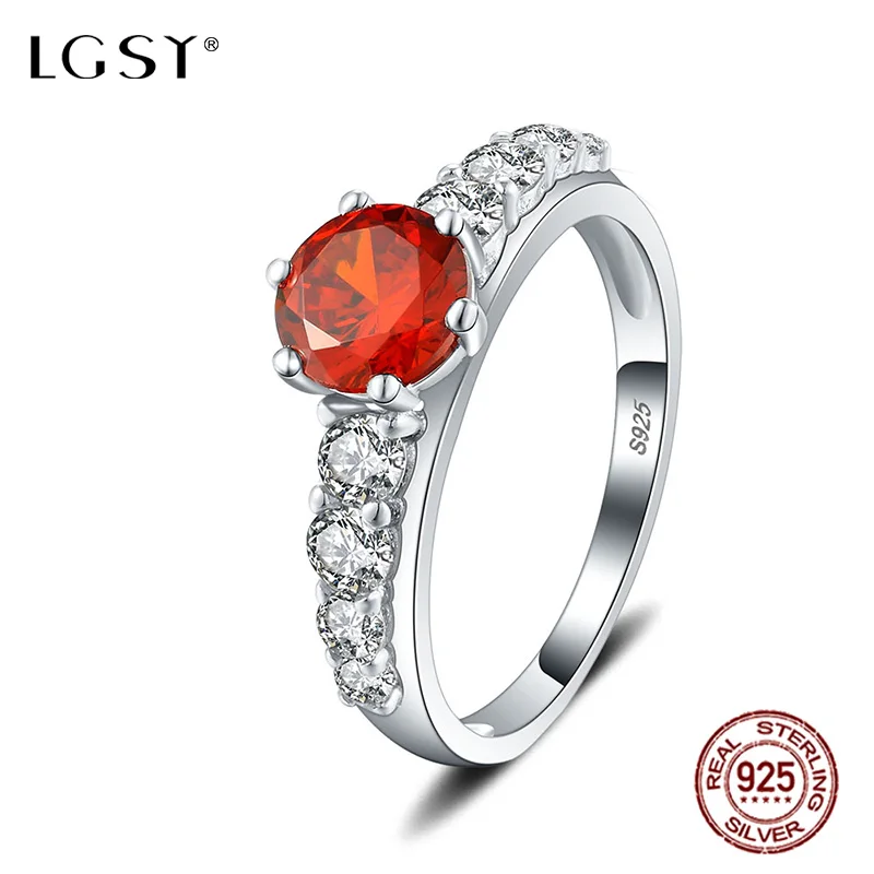 

LGSY 100% 925 Sterling Silver Ring Fine Jewelry Round Rings Romantic Crystal Grandeur Ruby Ring For Women Fine Jewelry DR1043