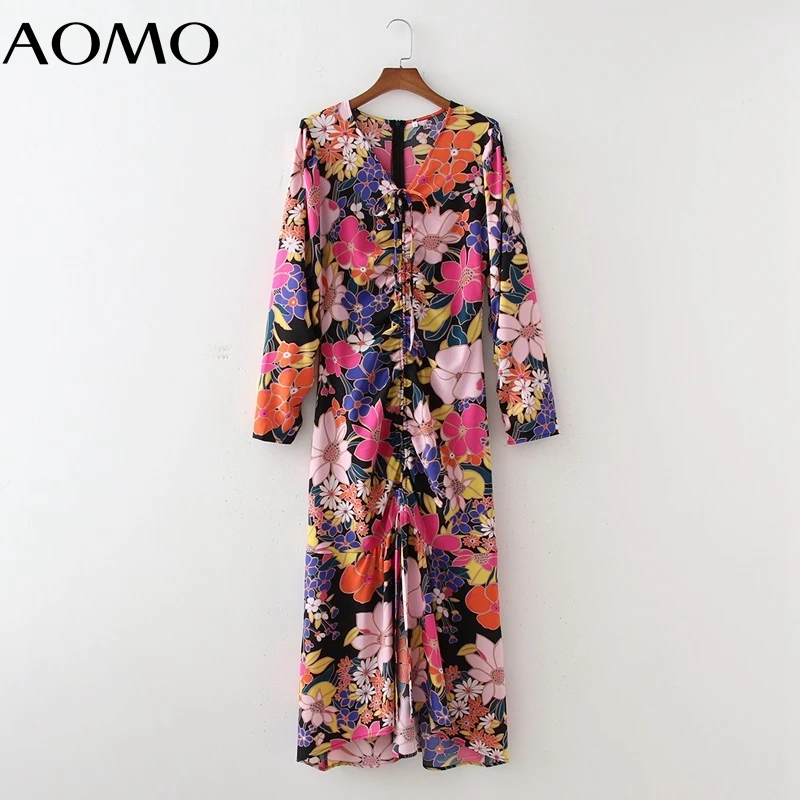 

AOMO 2021 Autumn Fashion Women Flowers Print Fishtail Dress Long Sleeve Ladies Long Dress 1D57A