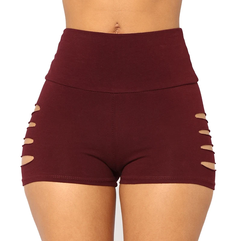 Женские шорты с вырезами черные спортивные дышащие высокой талией для спорта и